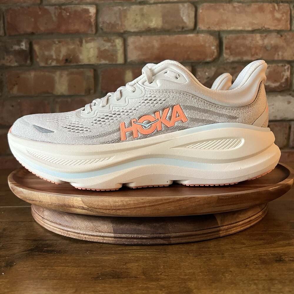HOKA Bondi 9 Womens 10 Max Cushion Grey Orange Neutral Running Shoes Sneakers